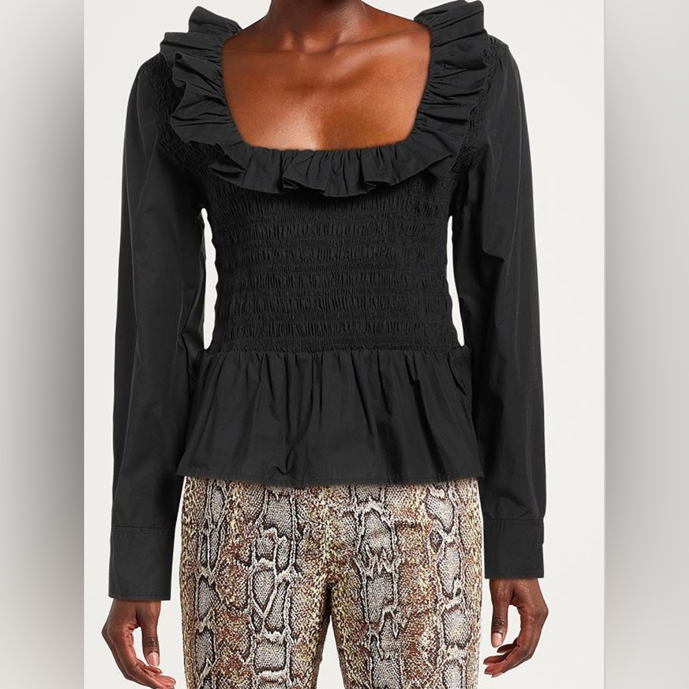 GANNI Black Ruffle cotton poplin smocking Blouse peplum square open neck size 34